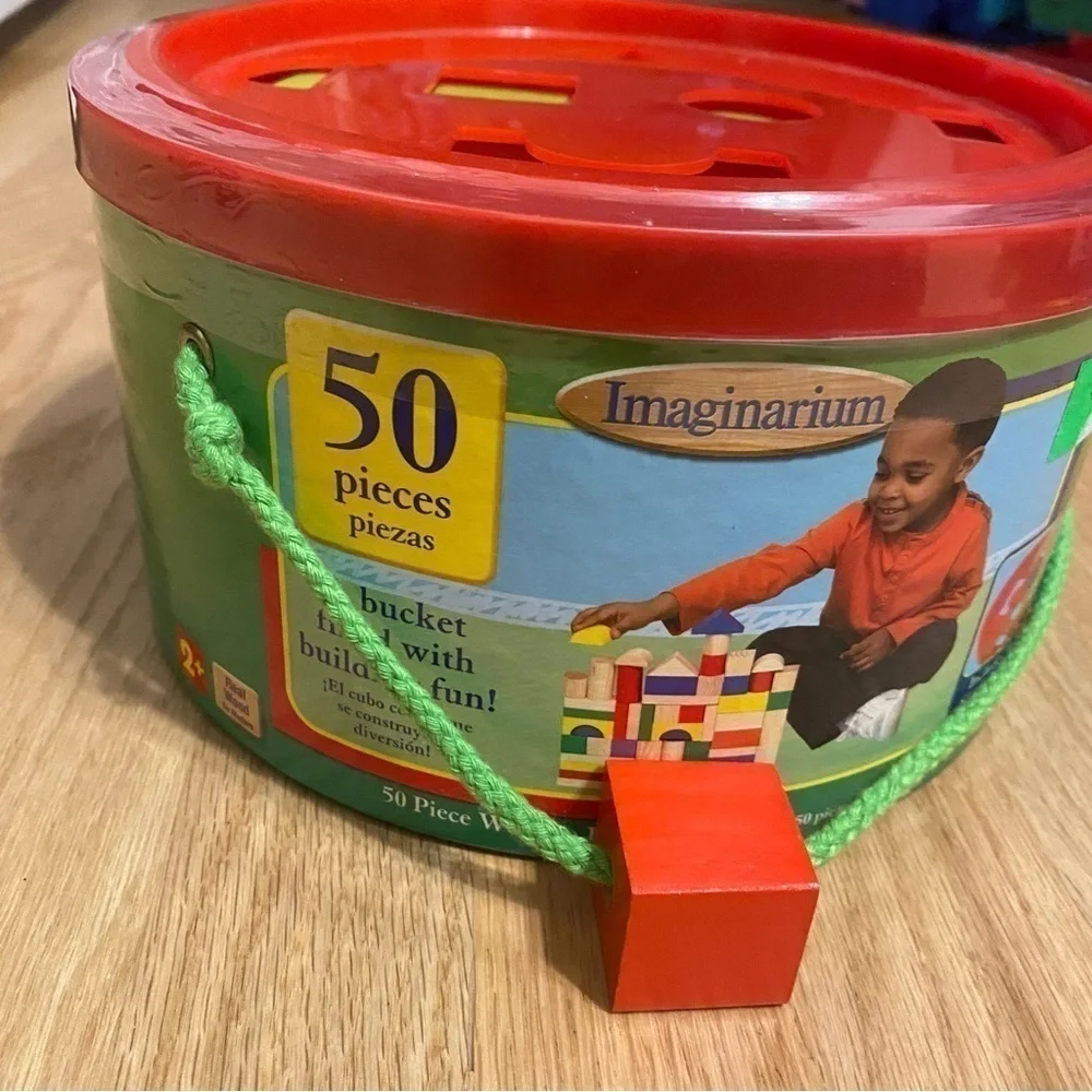 Vintage Imaginarium Wooden Block Set Sorter Toy Building NEW 50 Pieces W/ Bucket